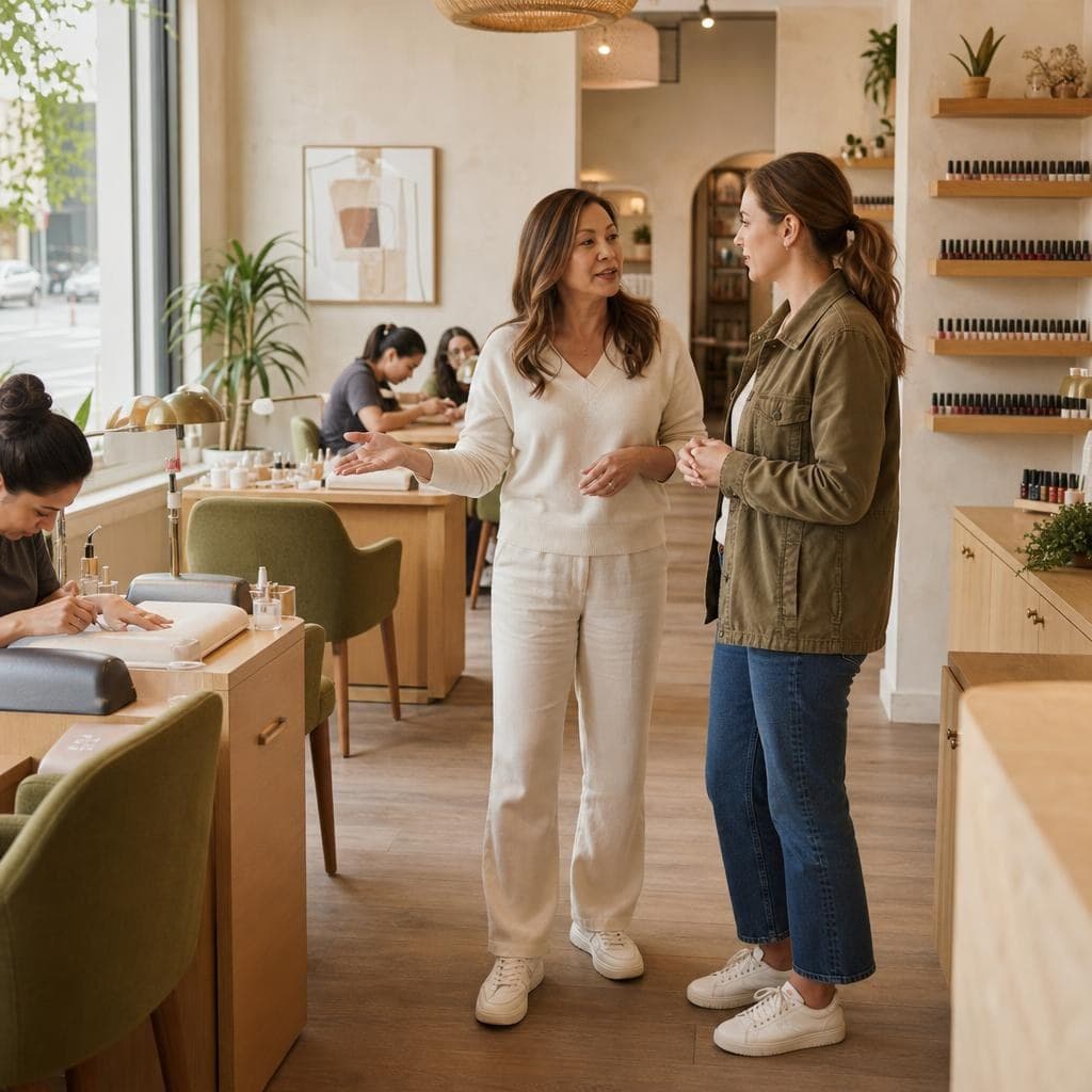 A salon owner talking with a prospective buyer inside a bright neighborhood nail salon.